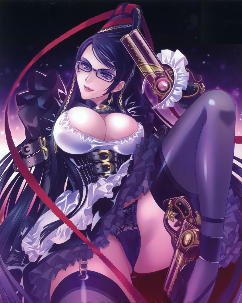 Bayonetta seductively licks her lips, lifting her leg up to reveal her black lace panties.  A maid headband is balanced on the gun in her left hand.